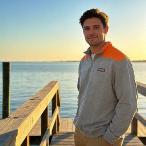 Vineyard Vines Ripstop Shep Shirt Quarter Zip Pullover Sweater Gray Orange L